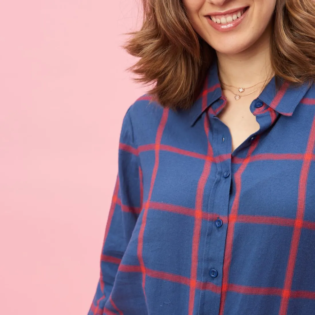Robe-chemise manches longues ceinture à nouer à carreaux grandes taille femme - Carreaux Rouge bleu en coton