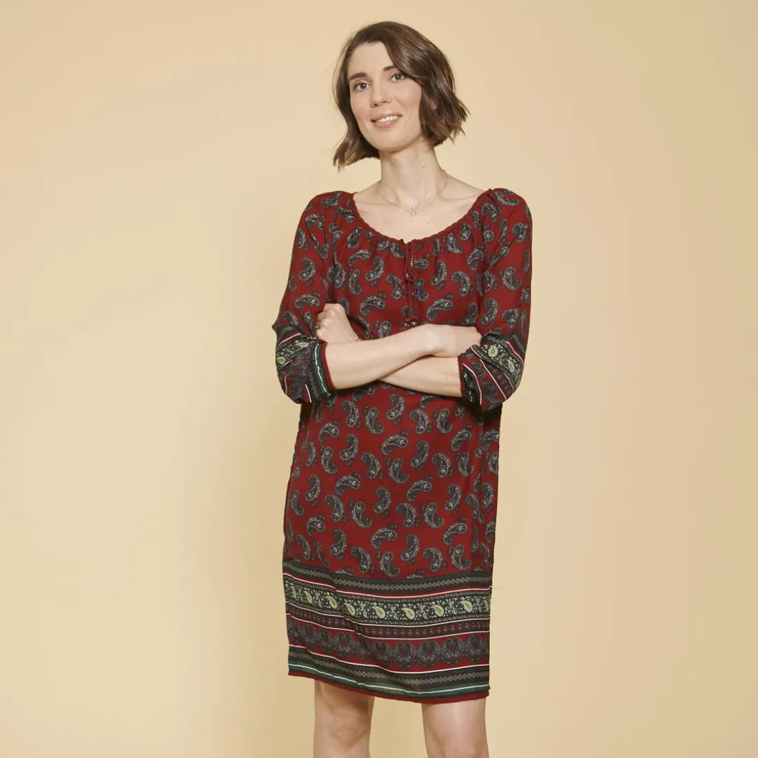 Robe-tunique col caftan avec dentelle manches 3/4 élastiquées femme - Grenat violet