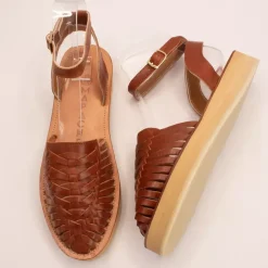 Sandales tressées à plateforme LOMA tabac marron en cuir