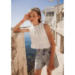 Short fille en jeans, taille haute avec broderies monogramme DIONYGI bleu Dot
