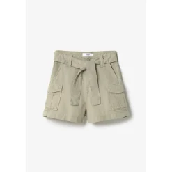 Short fille taille haute Kally kaki clair blanc en coton