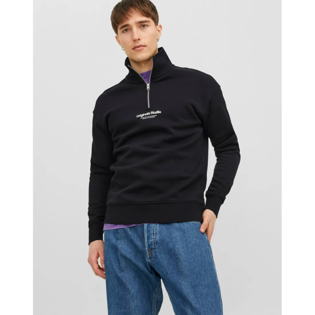 Sweat à col roulé Relaxed Fit Col haut Manches longues Noir en coton