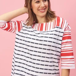 Sweat manches 3/4 rayé asymétrique femme - Rouge blanc en viscose