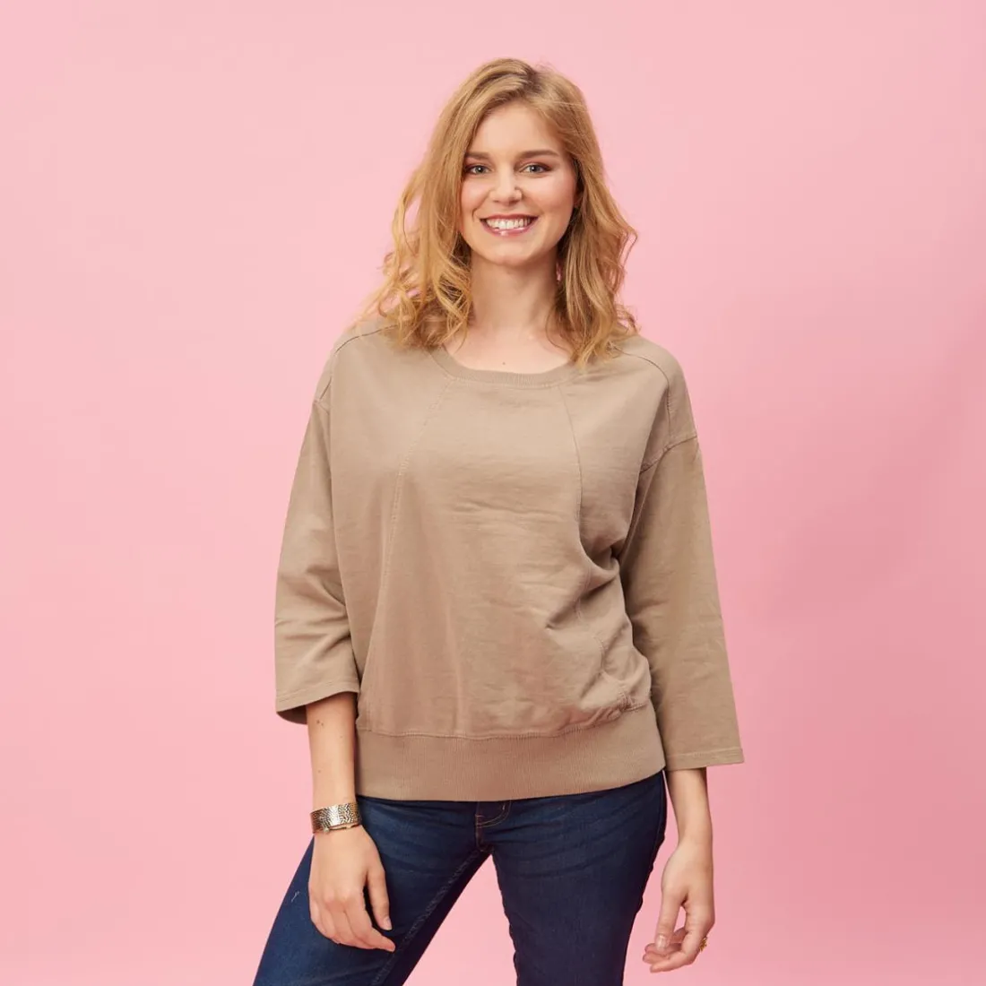 Sweat manches longues coutures femme - Vert marron clair en viscose