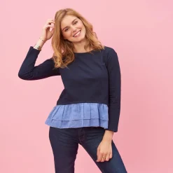 Sweat manches longues double volant sur bas femme - Bleu noir en viscose