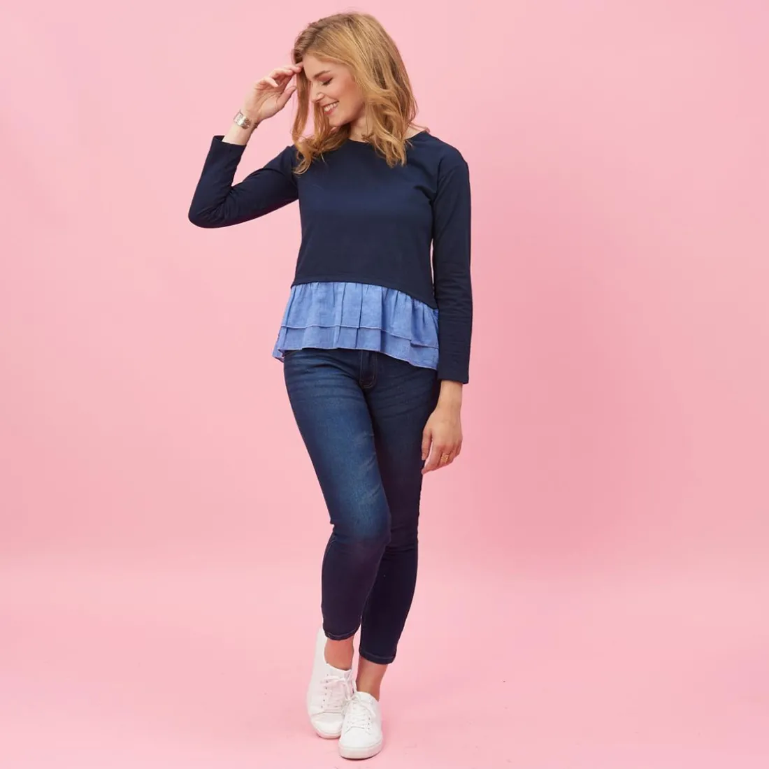 Sweat manches longues double volant sur bas femme - Bleu noir en viscose