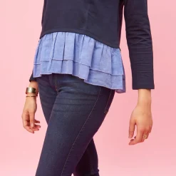 Sweat manches longues double volant sur bas femme - Bleu noir en viscose