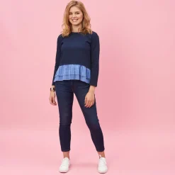 Sweat manches longues double volant sur bas femme - Bleu noir en viscose