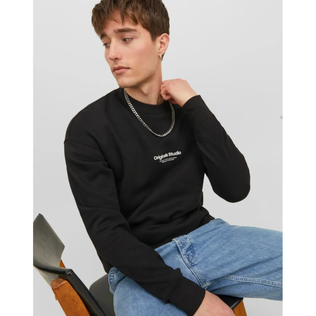 Sweat-shirt Relaxed Fit Col ras du cou Manches longues Noir en coton Lucas