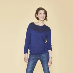 Tee-shirt bas et manches longues élastiqués dentelle imprimée femme - Bleu Dur en coton