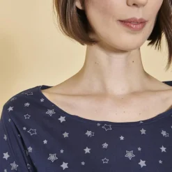 Tee-shirt carré imprimé manches longues femme - Bleu Marine en coton
