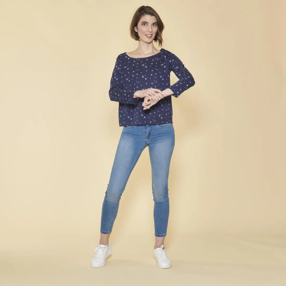 Tee-shirt carré imprimé manches longues femme - Bleu Marine en coton