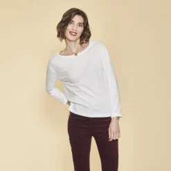 Tee-shirt carré manches longues femme - écru blanc en coton