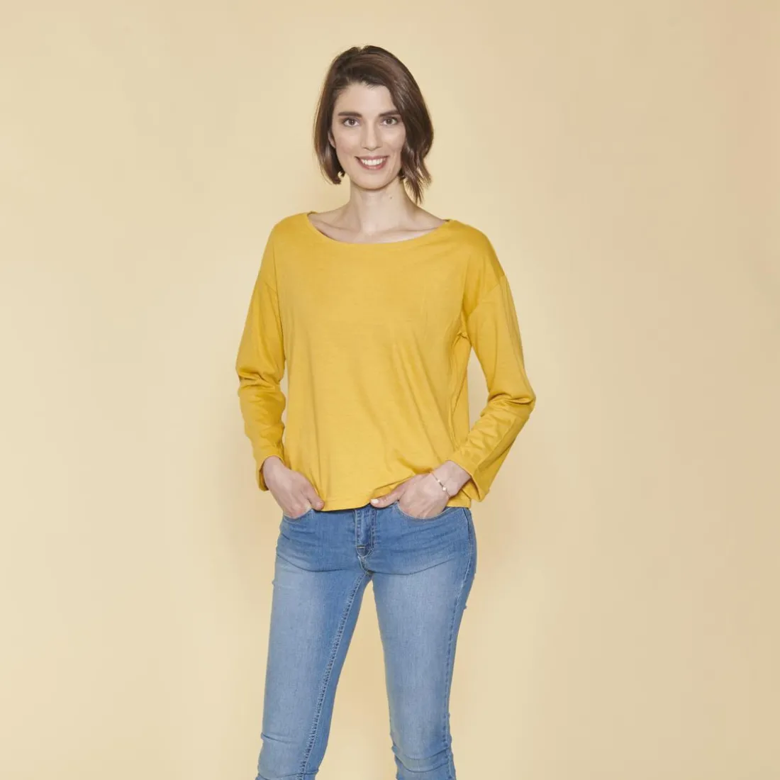 Tee-shirt carré manches longues femme - Jaune Moutarde en coton