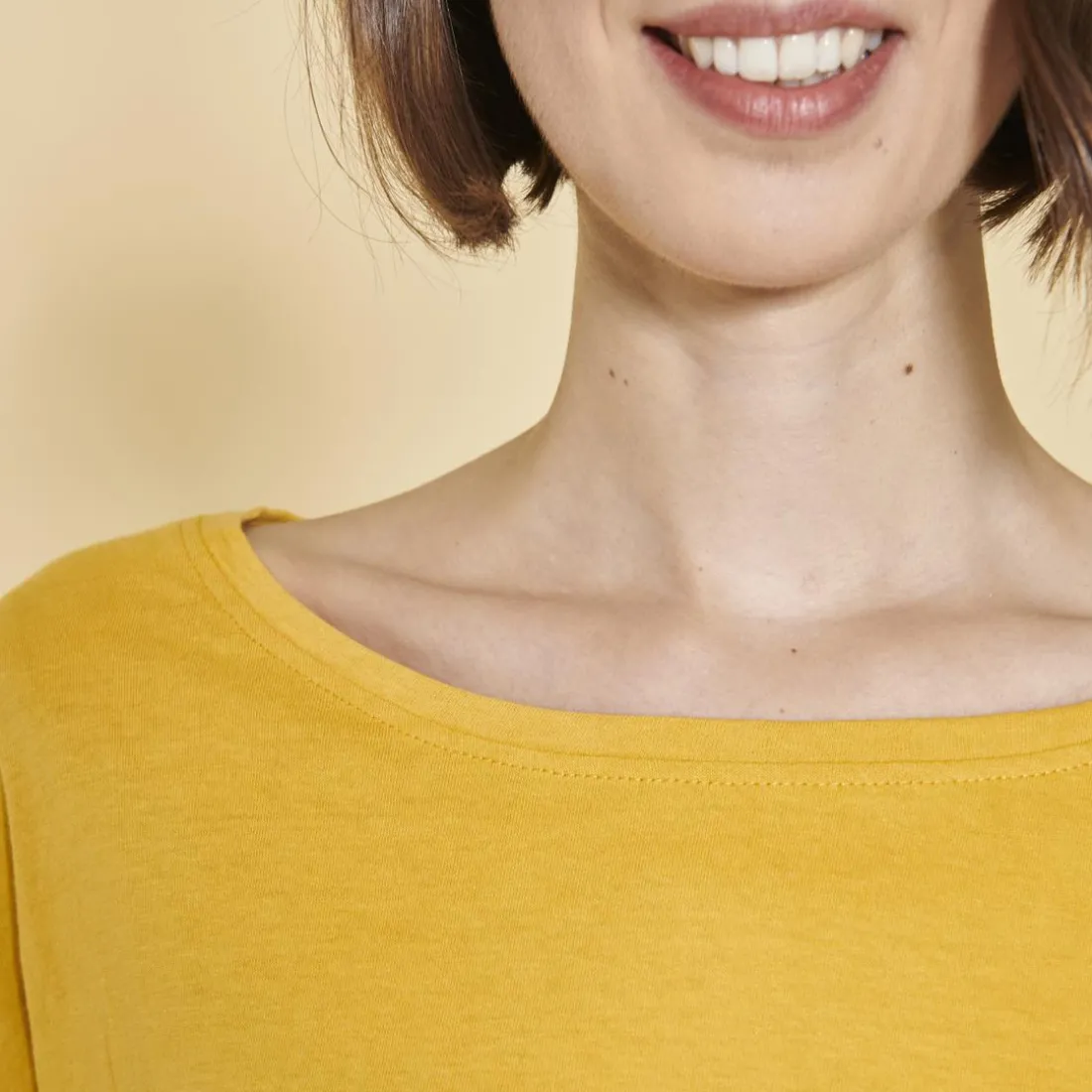 Tee-shirt carré manches longues femme - Jaune Moutarde en coton
