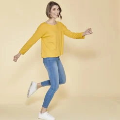 Tee-shirt carré manches longues femme - Jaune Moutarde en coton