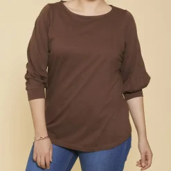 Tee-shirt col bateau manches 3/4 avec poignets et plis grandes tailles femme - Marron en coton