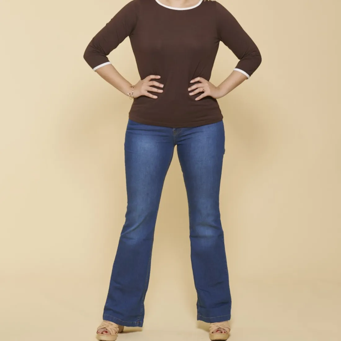 Tee-shirt col bateau manches longues biais contrastés et pressions femme - Marron Foncé en coton