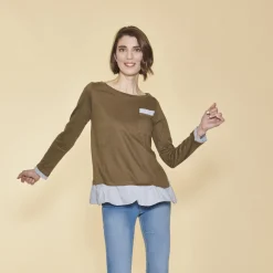 Tee-shirt col bateau manches longues bas volanté contrasté femme - Kaki vert