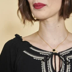 Tee-shirt col caftan manches 3/4 nid d'abeille et imprimé femme - Noir en coton