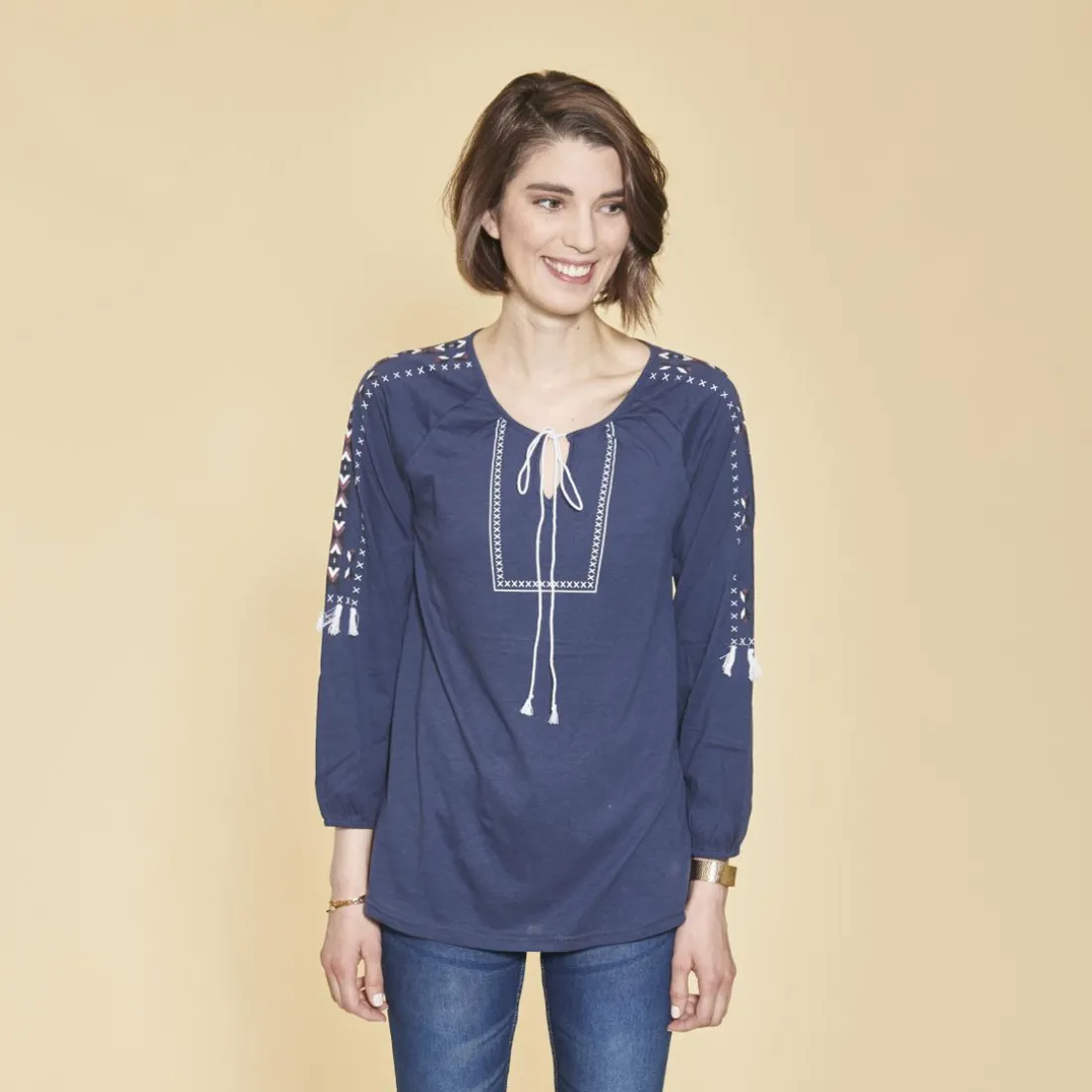 Tee-shirt col caftan manches longues élastiquées avec pompons femme - Bleu Indigo en coton