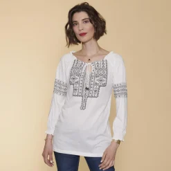 Tee-shirt col caftan manches 3/4 nid d'abeille et imprimé femme - écru blanc en coton