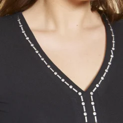 Tee-shirt col V et couture centrale avec perles fantaisie femme - Noir en coton