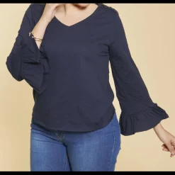 Tee-shirt col V manches longues évasées et sequins femme - Bleu Marine en coton