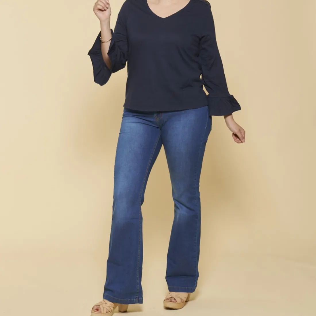 Tee-shirt col V manches longues évasées et sequins femme - Bleu Marine en coton