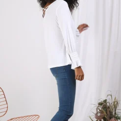 Tee-shirt dos en V lanières croisées manches longues nid d'abeille femme - Blanc