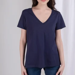Tee-shirt en coton bio col V Anna bleu marine