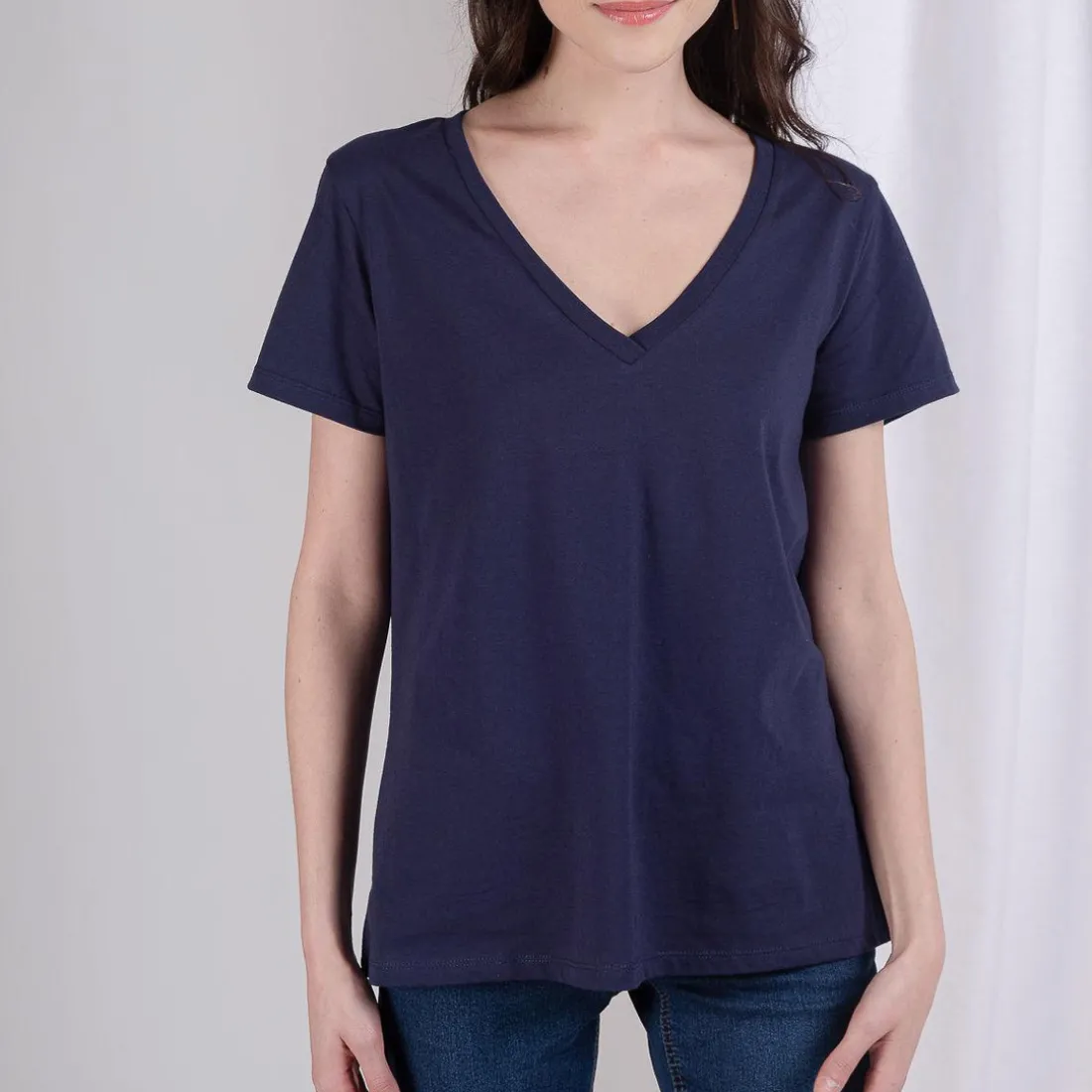 Tee-shirt en coton bio col V Anna bleu marine