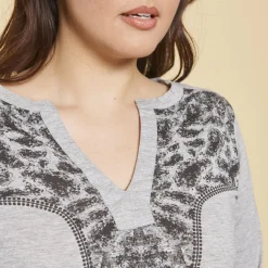 Tee-shirt fendu col caftan imprimé manches longues femme - gris chiné en coton