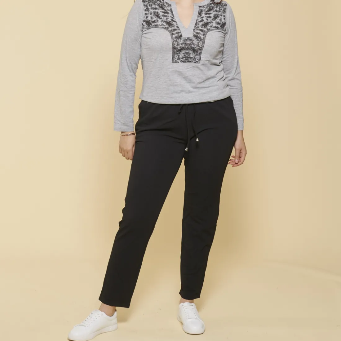 Tee-shirt fendu col caftan imprimé manches longues femme - gris chiné en coton