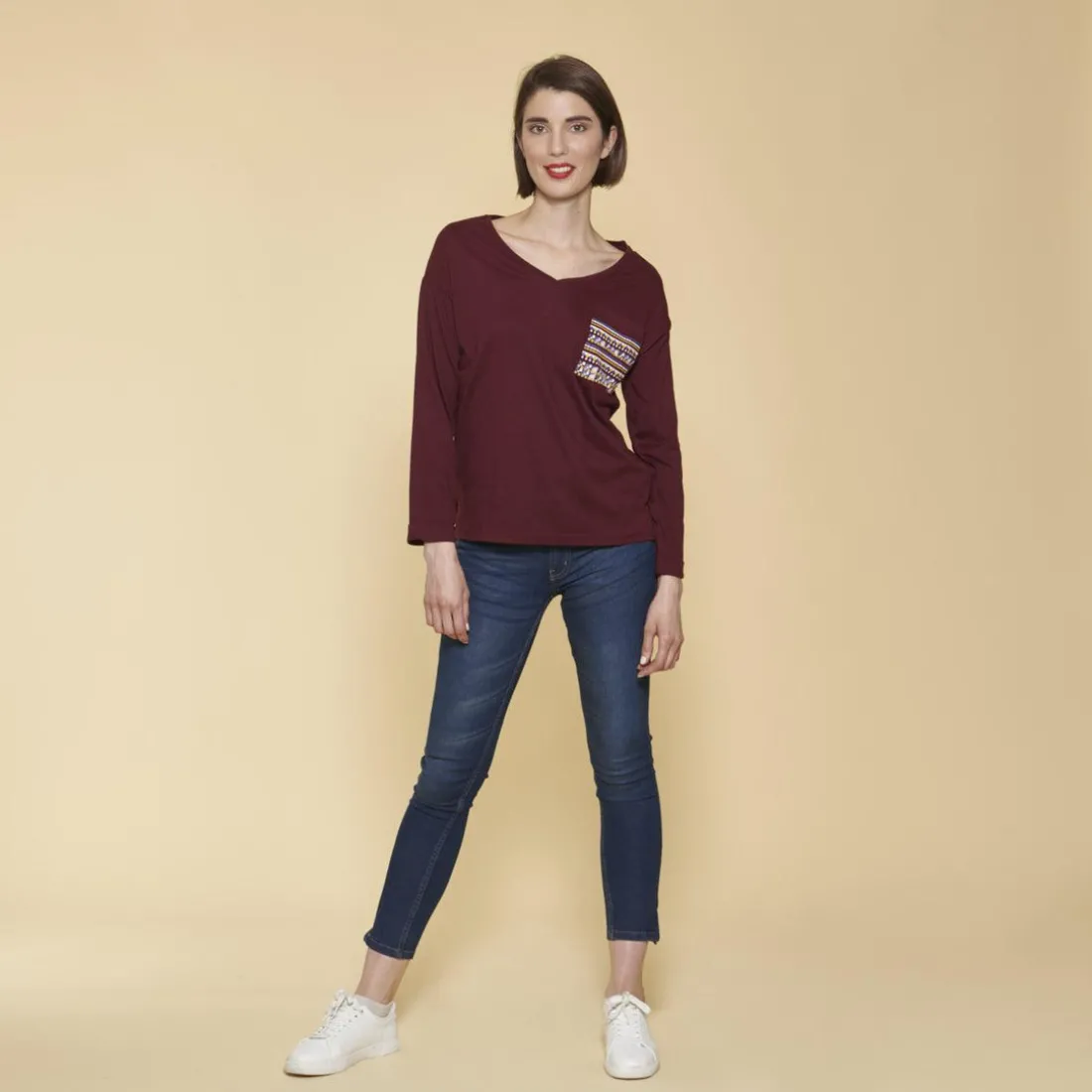 Tee-shirt fendu manches longues poche plaquée imprimée femme - Rouge Grenat en coton