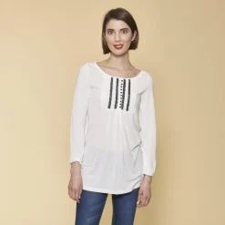 Tee-shirt froncé dentelle manches longues femme - écru blanc