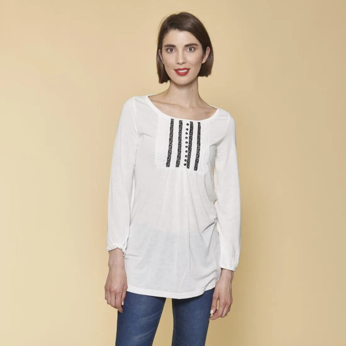 Tee-shirt froncé dentelle manches longues femme - écru blanc