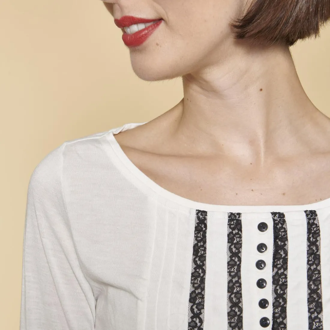 Tee-shirt froncé dentelle manches longues femme - écru blanc
