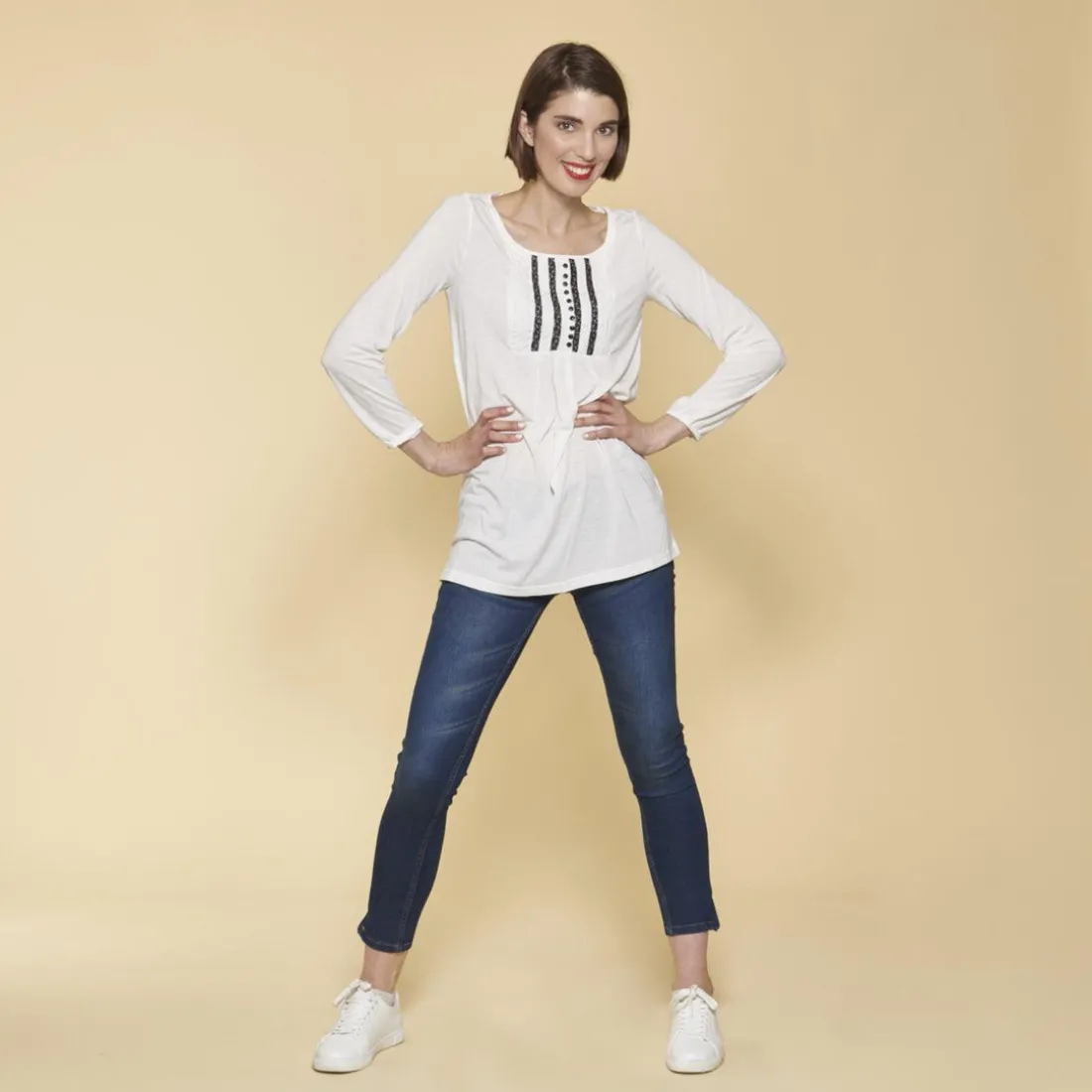 Tee-shirt froncé dentelle manches longues femme - écru blanc