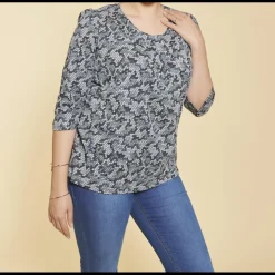 Tee-shirt imprimé col rond plissé manches 3/4 femme - Imprimé Gris