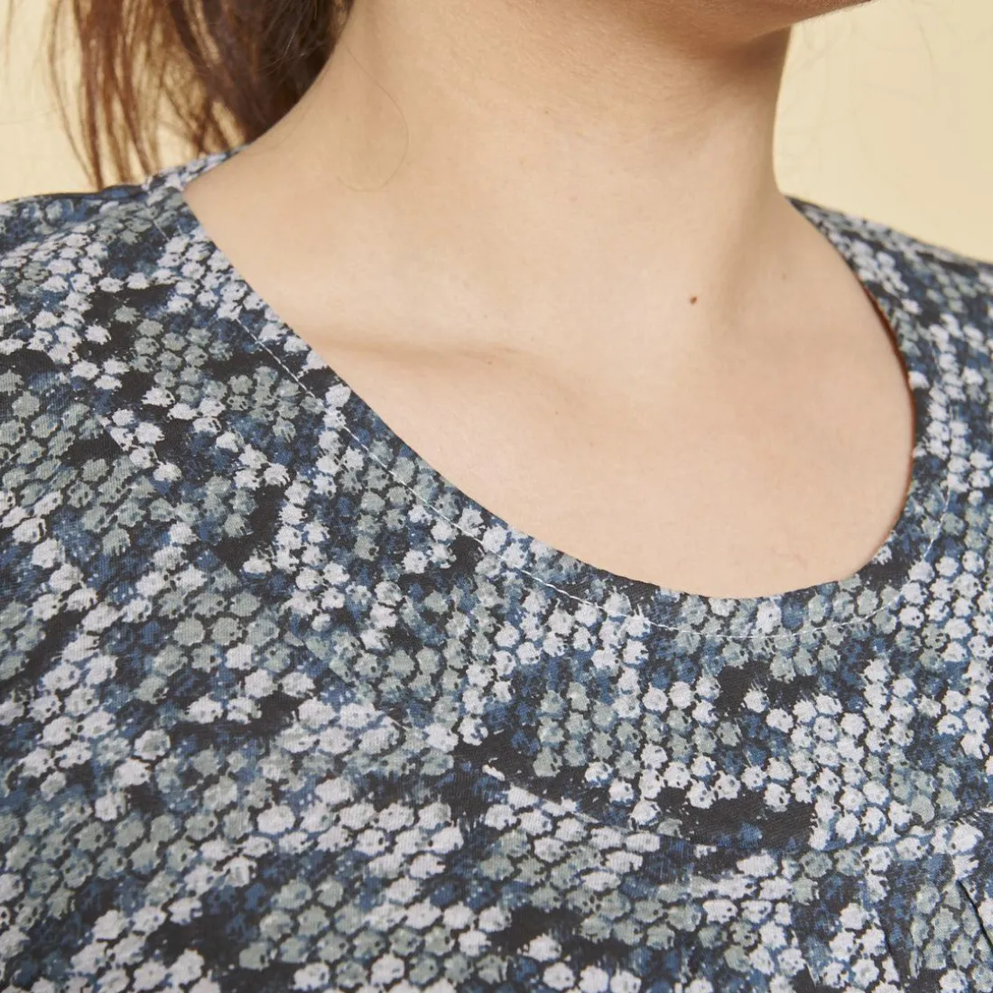 Tee-shirt imprimé col rond plissé manches 3/4 femme - Imprimé Gris