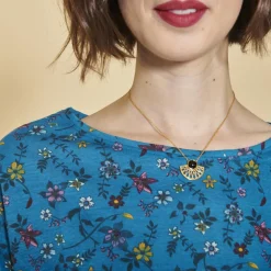 Tee-shirt imprimé floral manches 3/4 à revers femme - Bleu Pétrole en coton
