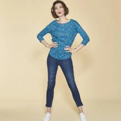 Tee-shirt imprimé floral manches 3/4 à revers femme - Bleu Pétrole en coton
