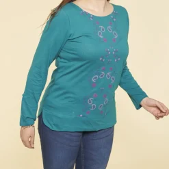 Tee-shirt imprimé gaufré manches longues femme - Bleu Pétrole en coton