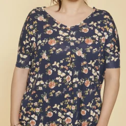 Tee-shirt imprimé manches 3/4 kimono femme - Imprimé Bleu Marine