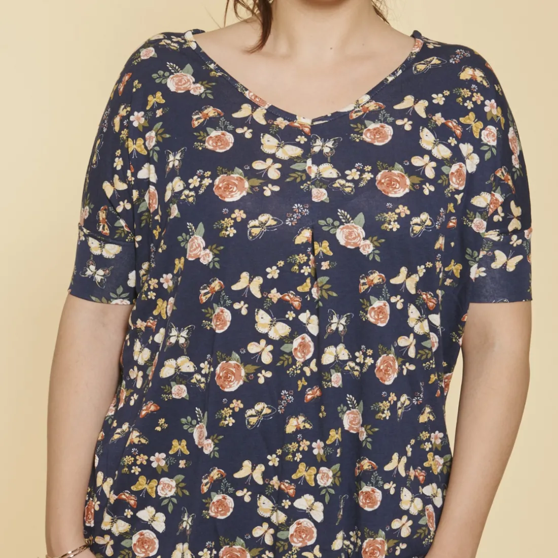 Tee-shirt imprimé manches 3/4 kimono femme - Imprimé Bleu Marine