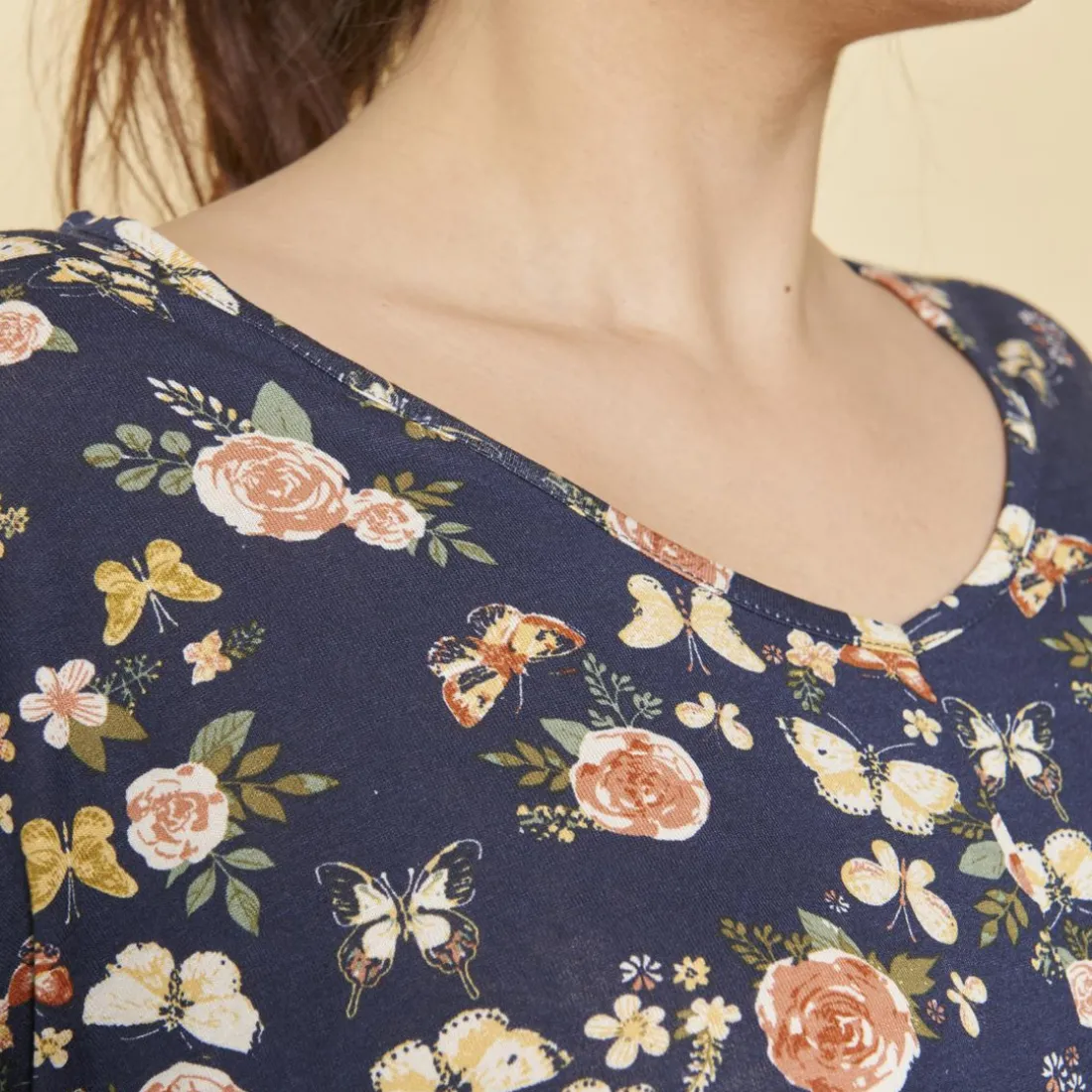 Tee-shirt imprimé manches 3/4 kimono femme - Imprimé Bleu Marine