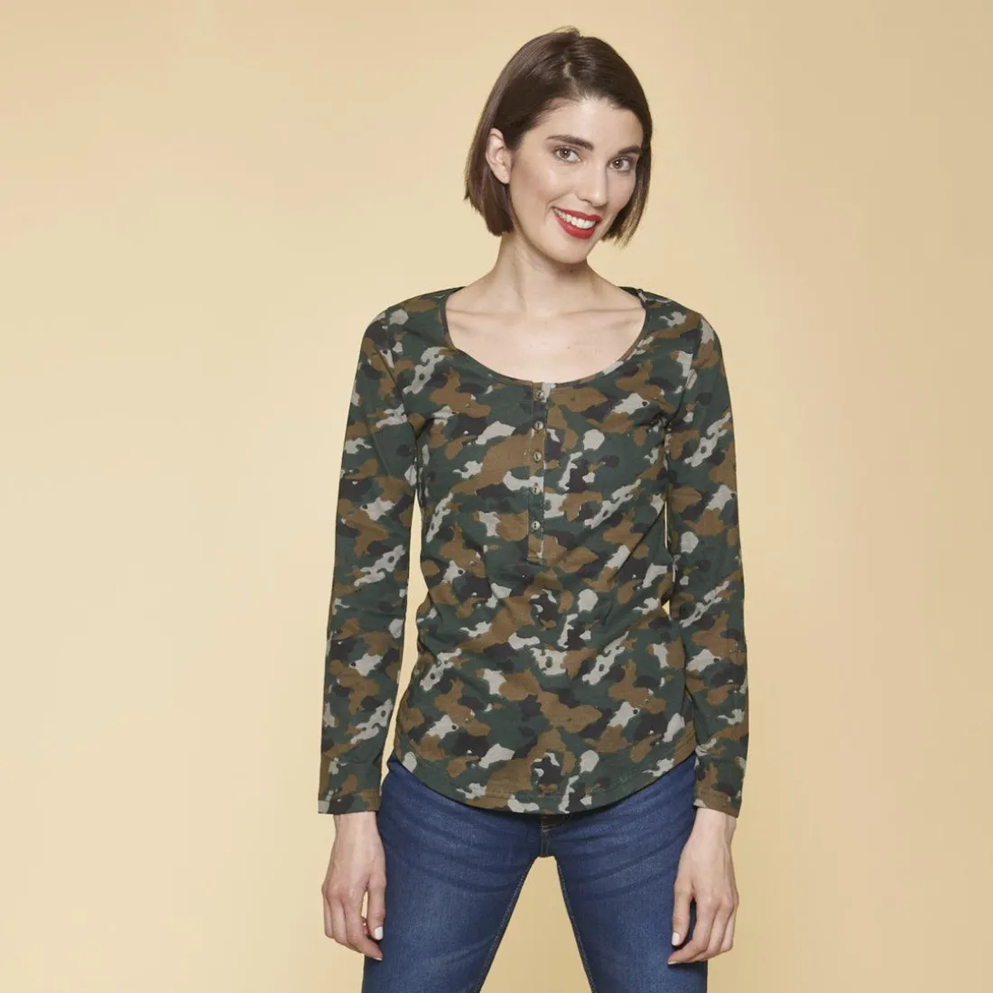 Tee-shirt imprimé manches longues ajustables femme - Imprimé Kaki vert en coton