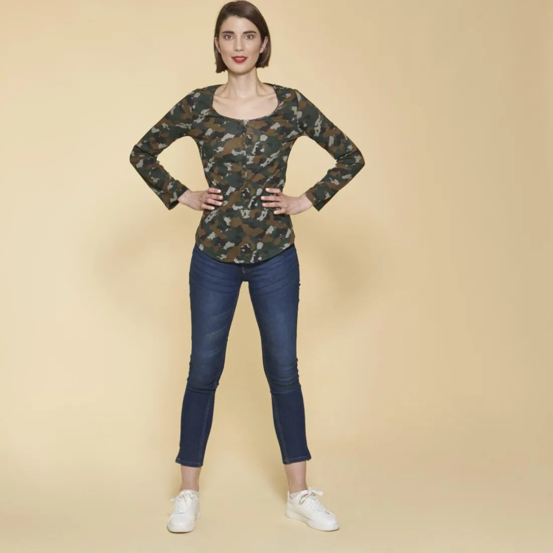 Tee-shirt imprimé manches longues ajustables femme - Imprimé Kaki vert en coton
