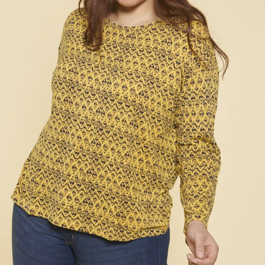 Tee-shirt imprimé manches longues femme - Bleu - Jaune multicolore